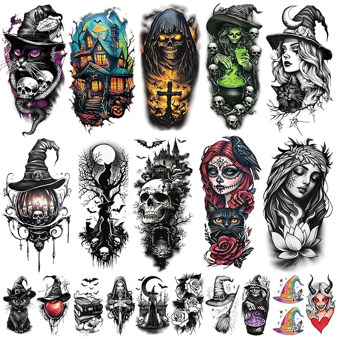77 Sheets Halloween Temporary Tattoos Adults Women Men Witch Makeup, Death Skull Black Cats Witch Hats Half Arm Halloween Fake Tattoos, Bat Scary Tattoos for Halloween Costume