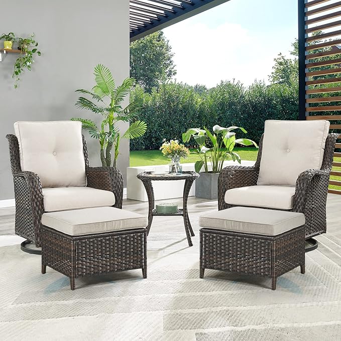 Outdoor Wicker Patio Furniture Set - 5 Pieces Rattan Patio Conversation Set with 2 Rocking Swivel Chairs,2 Ottomans and 1 Side Table for Porch Deck Backyard Garden(Brown/Beige)