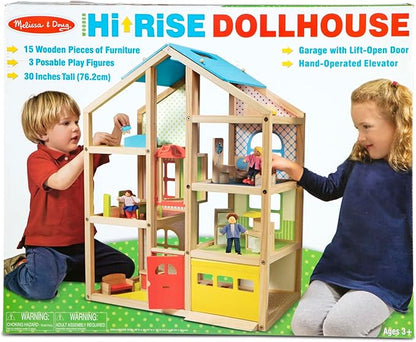 Melissa & Doug Hi-Rise Wooden Dollhouse with 15 pcs Furniture - Garage and Working Elevator