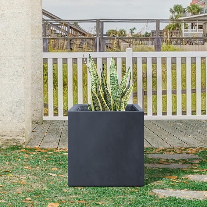 Kante 16 Inch Square Concrete Planter for Outdoor Indoor Home Patio Garden, Large Plant Pot with Drainage Hole and Rubber Plug, Charcoal