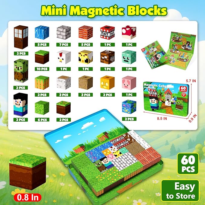 60 PCS Magnetic Blocks with Metal Box, 0.8in Mini Magnetic Building Cubes STEM Educational Toys for Kids Ages 3+ Boys Girls, Travel Airplane Classroom Play, Birthday Christmas Toy Gifts