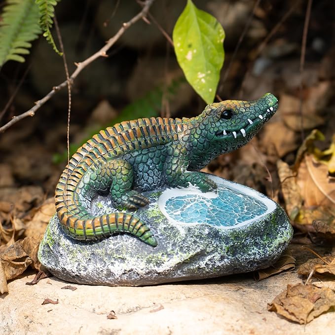 Garden Statue Crocodile,Solar Crocodile Decor for Outdoor,Resin Crocodiles Figurine with Solar Light for Patio,Balcony,Yard,Lawn Ornament,Perfect Garden Gift