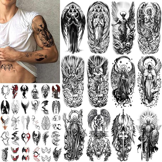 77 Sheets Temporary Tattoo for Women Men, 17 Sheets Half Arm Large Black Angel Devil Fake Tattoos, 60 Sheets Skull Heart Wings Tiny for Adult Kids Cosplay Party Body Tattoos Stickers Realistic
