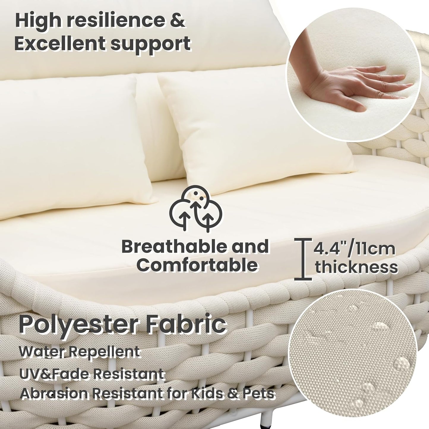 Woven Rope Outdoor Sofa Set: 4 Pieces Aluminum Patio Conversation Set Assembled - All Weather Cushioned Porch Furniture Couch - Modern Metal Lounge Set for Deck Yard Resort Hotel Sunroom, Beige