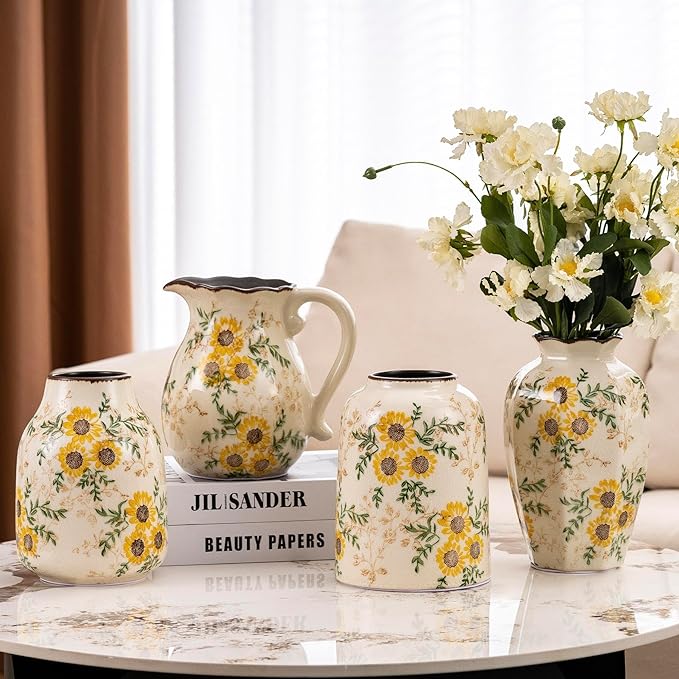 Sunflower Vintage Ceramic Yellow Floral Vase with Handle, Chinoiserie Floral Pitcher Vase, Rustic Ceramic Farmhouse Vases for Home Decor, Living Room, Bookshelf, Office, Grand Millennial Decor 7.9 in