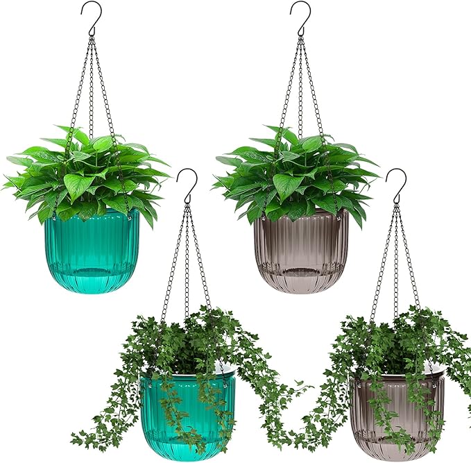 Meanplan 4 Pcs Self Watering Hanging Planter Indoor 6.5 Inch Hanging Baskets for Plants Outdoor Plastic Flower Pot with 3 Hooks Chains Drainage Holes for Garden Home, Medium Size(Emerald, Gray)