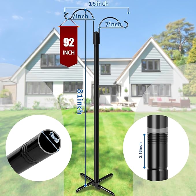 Ottsuls Double Shepherds Hooks for Outdoor, 92 Inch Bird Feeder Pole with 5 Prong Base, Upgrade 1 INCH Thick Heavy Duty Planter Hook for Hanging Baskets, Lantern,1 Pack