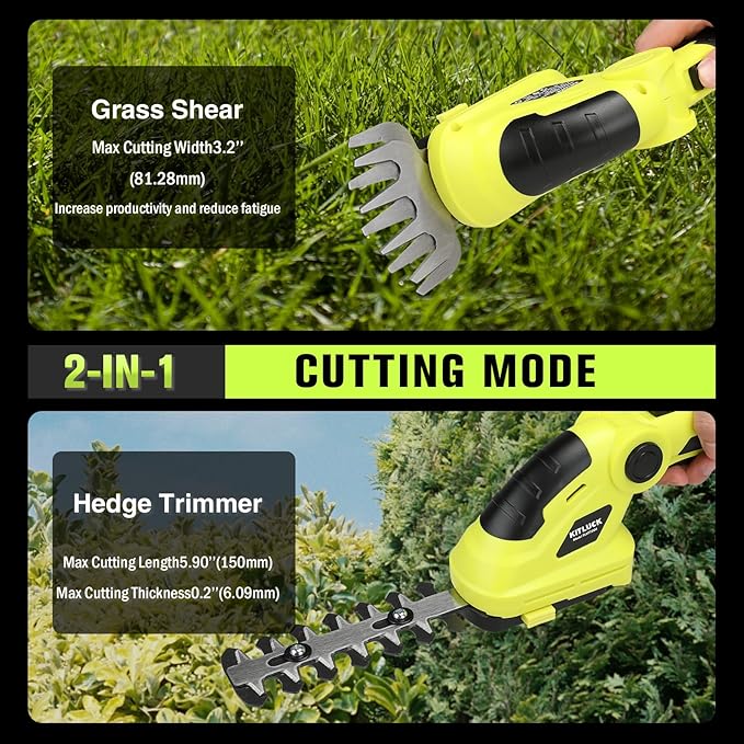 KITLUCK 8V Cordless 2-in-1 Grass Shear & Hedge Trimmer,Handheld Electric Grass Trimmer Hedge Shears/Grass Cutter Rechargeable,2000mAh Battery for Yard, Garden, Lawn Care