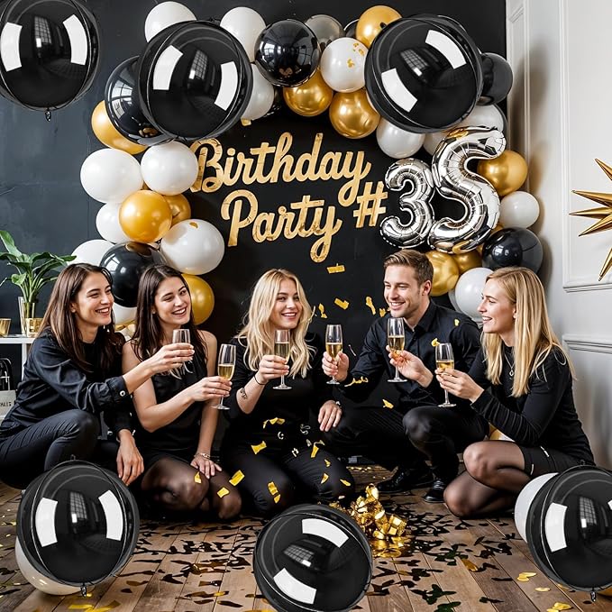 Giant 4D Foil Balloons, 6Pcs Large Metallic Black Round Balloons, 22 Inch Big Round Foil Balloon for Black Birthday Party Baby Shower Wedding Decorations