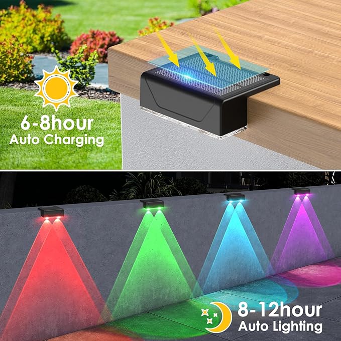 Derynome Solar Fence Lights Outdoor - Dusk to Dawn IP45 Waterproof Solar Garden Lights for Outside, Step, Backyard, Railing, Step, Patio & Wall (Color Change+7 Color, 8 Pack)