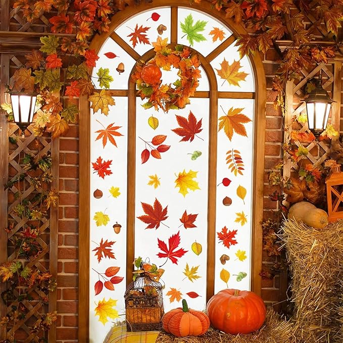 6 Sheets Fall Leaves Window Clings for Glass Windows Double-Side Autumn Window Clings Maple Leaves Pinecone Designs Thanksgiving Clings for Glass Windows Stickers for Home Office School Glass Decor