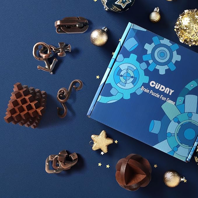 7 Pieces Unlock Interlock Brain Teaser Games Retro Wooden and Metal Puzzles IQ Logic Fun Puzzle Box