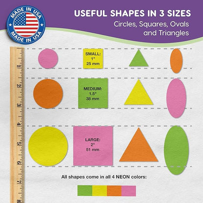 Basic Shapes 1: Circles, Triangles, Squares, Ovals, 676 Pieces US Made Card Stock Punch Out Geometric Shapes in 3 Sizes and 4 NEON Colors for Math, Pattern Play and DIY Crafting