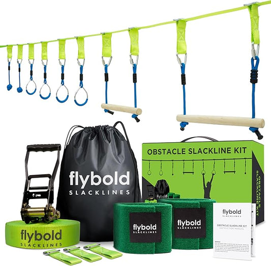 Flybold Obstacle Course for Kids - 40 Ft Ninja Warrior Slackline Kit with 8 Adjustable Obstacles - Tree Protectors, Twin Gear Ratchets, Carry Bag - Complete Outdoor Adventure Set