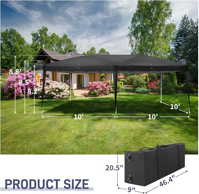 Outvita 10x20ft Pop Up Canopy Tent, Outdoor Instant Shelter Folding Canopy with 6 Side Walls and Carry Bag for Commercial Events, Party, Backyard BBQ, Camping Black