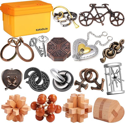 Metal Brain Teaser Puzzles Disentanglement Puzzles Metal Wooden Brain Teaser Puzzle 16pcs Logic Metal Puzzle for Adult Kid Toy Lock Puzzles Gift for Adults Teenagers Kids
