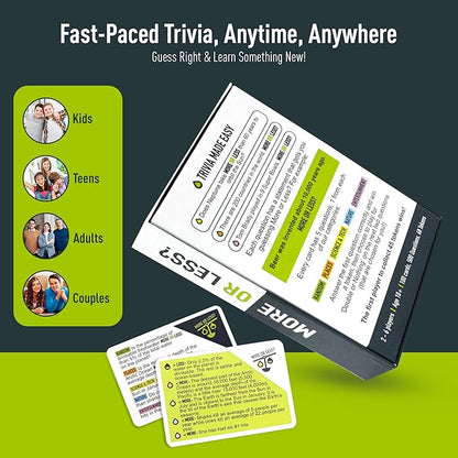 More Or Less? Trivia Card Game - Compact & Fun - Ideal for Travel, Families, Game Nights 5 Trivia Categories: Random, Places, Science & Tech, Nature and Entertainment