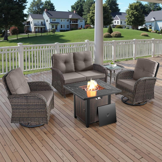 5 Piece Outdoor Patio Furniture Set with 50000 BTU Propane Fire Pit Table, Deep Seating Wicker Swivel Rocker Chairs and Loveseat Glider Patio Conversation Set for Poolside Deck Backyard Grey