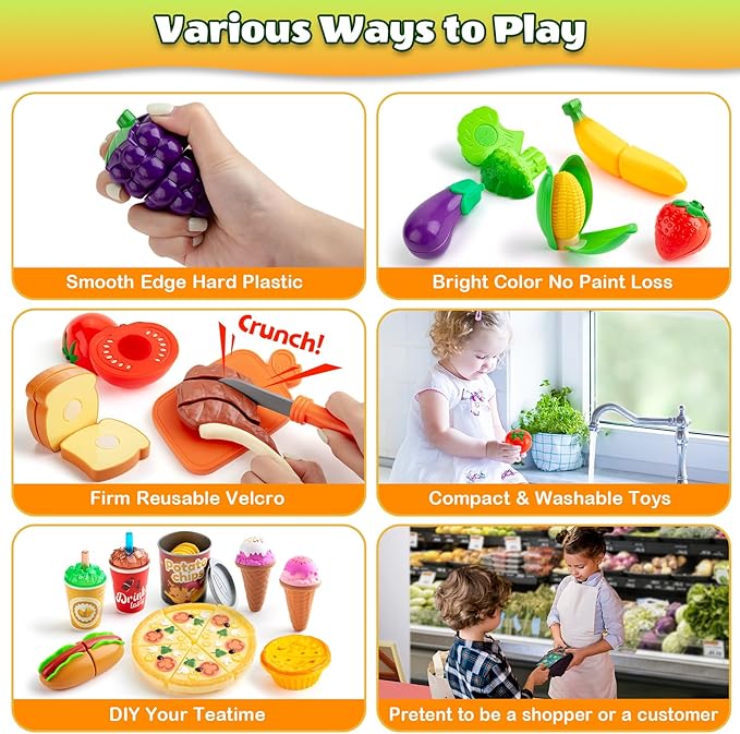 68PCS Grocery Store Play Food Sets for Kids Kitchen, Cutting Toy Food with Shopping Bags Calculator for Kids Toddler Pretend Food with Pizza Veggies Fruits Fake Food Play Kitchen Accessories Girl Gift
