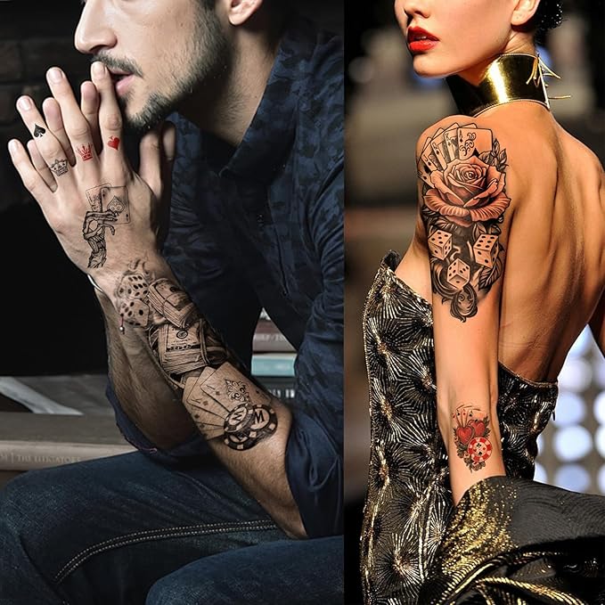 77 Sheets Casino Temporary Tattoo for Women Men, 17 Sheets Half Arm Large Poker Dice Lion Clown Fake Tattoos, 60 Sheets Angels Dollars Skull Tiny for Adult Kids Body Tattoos Stickers Realistic