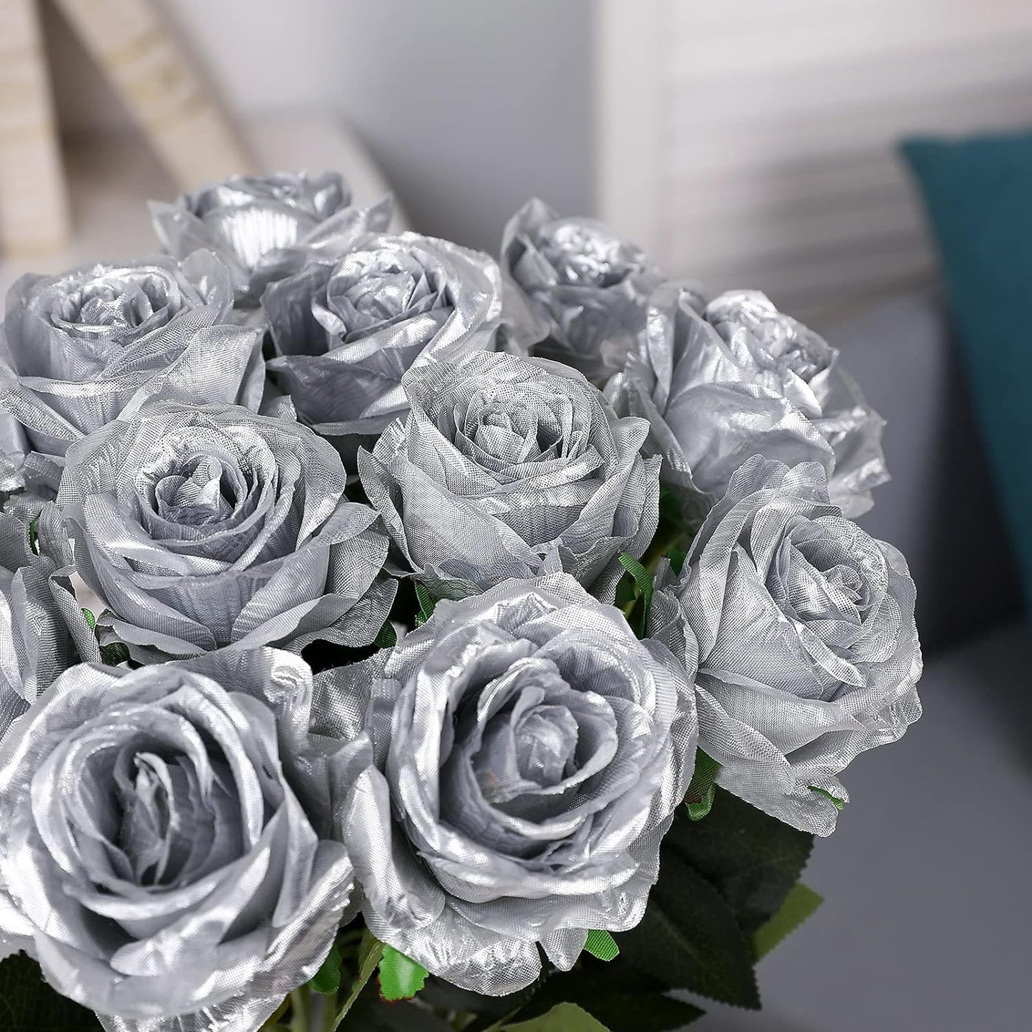 Silver Fake Roses Artificial Flowers - 10 Pcs Fake Artificial Roses Silk Flowers with Stems for Home Wedding Hotel Office Centerpiece Decor
