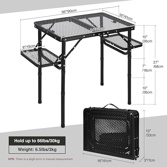 RedSwing Folding Grill Table with Extra Space, Adjustable Height Portable Small Stand Table for Outdoor Indoor Camping Picnic BBQ, Black with Side Table