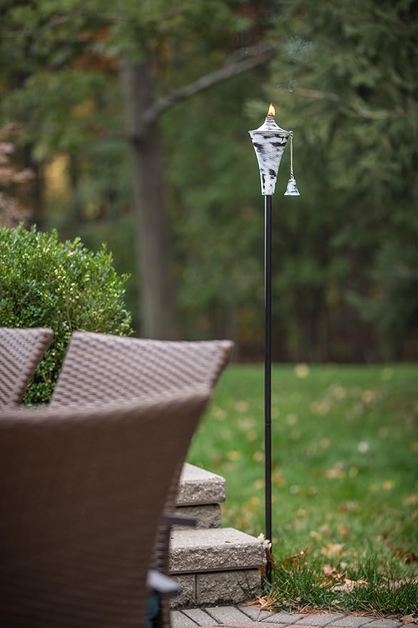 Set of 4, Oahu Premium Metal Outdoor Torches for Patio, Lawn and Garden - Tiki Style Metal Torch/w Snuffer, Fiberglass Wick & Large 16oz Oil Lamp - 53" Tall (Whitewash)