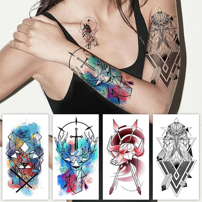 77 Sheets Geometric Animal Temporary Tattoo, 17 Sheets Half Arm 3D Lions Fox Wolf Owl Tiger Fake Tattoos for Adults Women Men, 60 Sheets Tiny Skull Cat Flower Tattoos Sticker for Kids Boy Girl