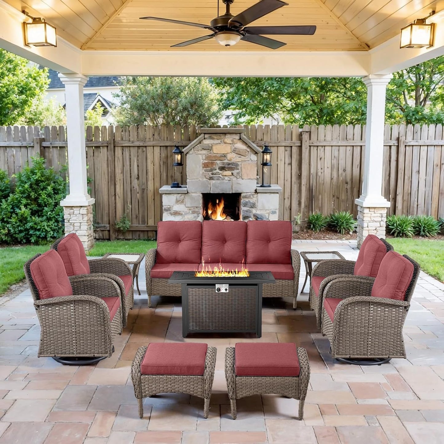 Expansive 10 Pieces Outdoor Patio Furniture Set with 43” Propane Fire Pit Table, Patio Conversation Set with Swivel Rocker Outdoor Chairs Set of 4 and Sofa, Ottoman and Wicker Side Table Gray