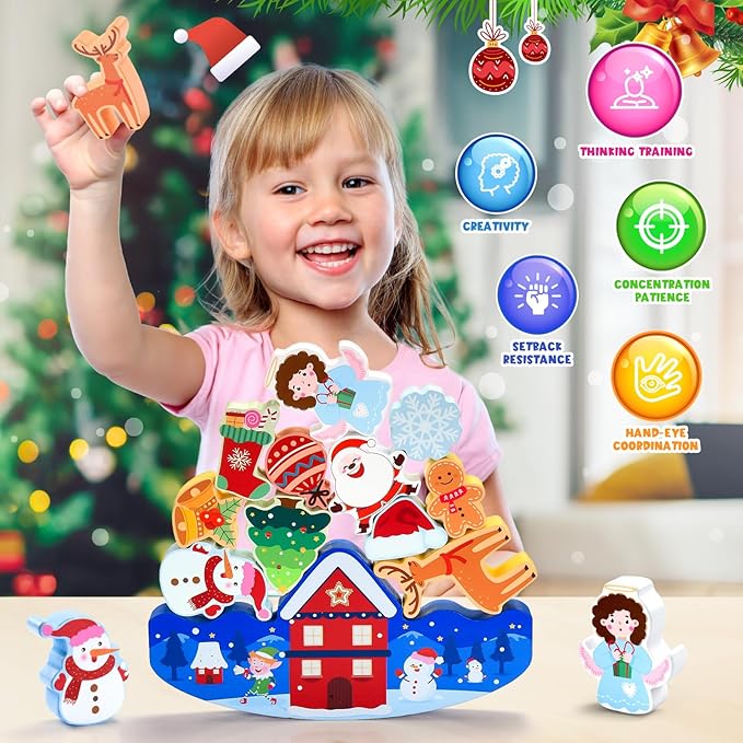 Christmas Kids Gifts Stacking Toys for Kid 3-10 Stocking Stuffers for 4 5 6 7 8 9 10 Year Old Grandkids Girls Boys Wooden Blocks Toy Balance Competition Game Birthday Gift for Kid Ages 5-7
