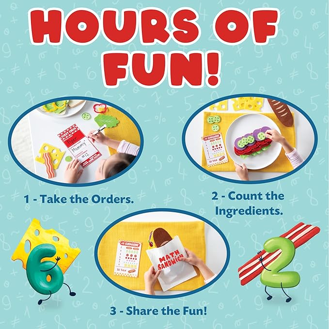 Peaceable Kingdom Math Sandwich Game: Preschool Math Games for Kids Ages 3 and Up – Includes 100+ Felt Food Pieces, 10 Menu Cards, Dry Erase Marker & Guest Check Tablet for Pretend Restaurant Play