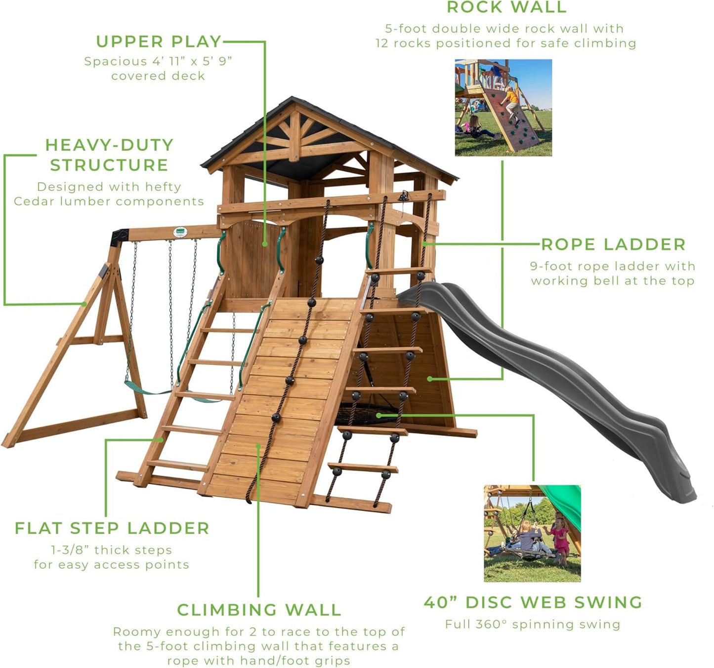 Backyard Discovery Endeavor Cedar Wood Swing Set with Wave Slide, Play Deck, Double Rock Wall, Rope Ladder, Climbing Wall, Belt Swings, 40-Inch Web Swing, Step Ladder, Toy Telescope, Outdoor Playset