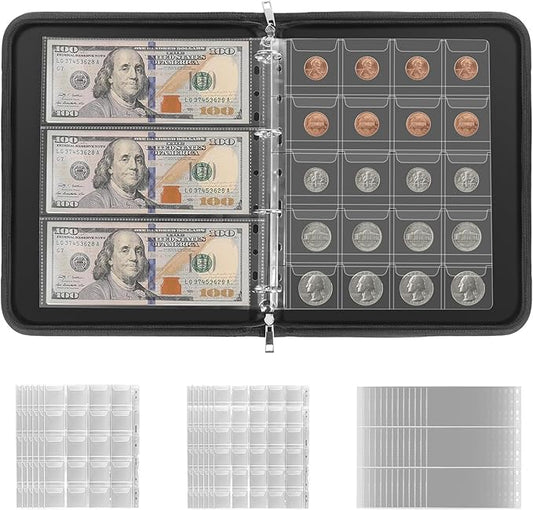 Coin Collection Book, Coin Holders for Collectors, 300 Pockets Fireproof Coins Album and 36 Paper Currency Binder Sleeves, Currency Organizer for Bill, Pennies, Stamp