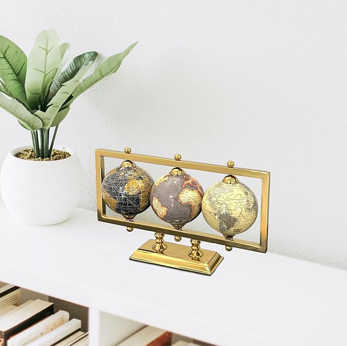 Rely+ Set of 3 4'' World Globes Sturdy Metal Gold Stand (NOT PLASTIC!) - Rotating Desktop Globe For Geographic Home Decorative Desk Table Office Gift - Book Shelf Decor World Globe - Landscape