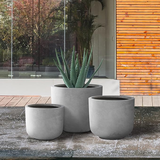 Kante 13",11",9" Dia Natural Concrete Round Planters (Set of 3), Outdoor Indoor Modern Planter Pots, Lightweight, Weather Resistant, Seamless with Drainage Hole