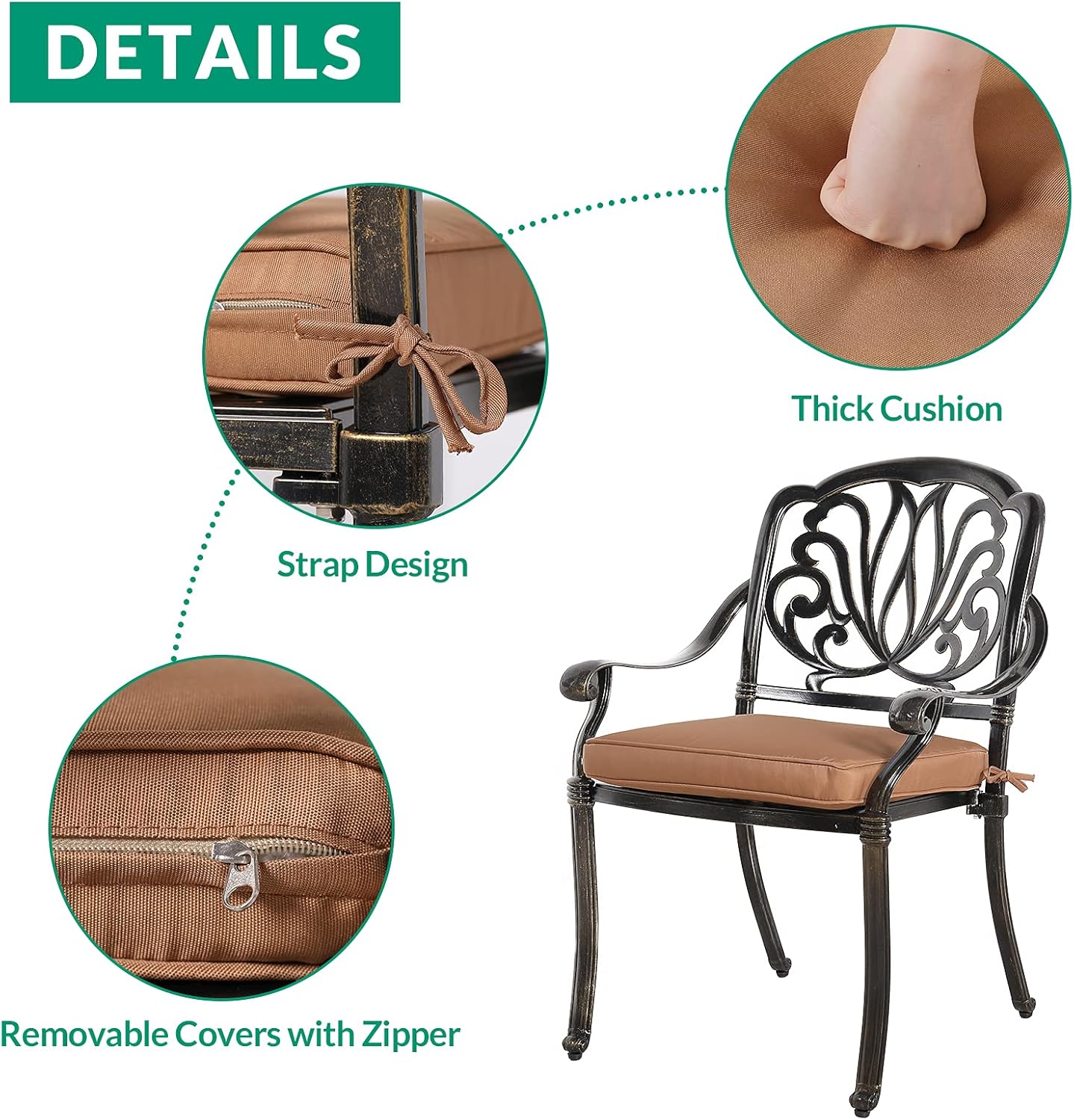 VIVIJASON 3-Piece Patio Bistro Sets, All-Weather Cast Aluminum Bistro Table Set Outdoor Patio Furniture, Include 2 Cushioned Chairs and 35.4" Round Table, 2" Umbrella Hole