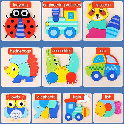 QZMTOY Toddler Puzzles 10 Pack Wooden Puzzles for Toddlers,Montessori Puzzles for 1-3 2-4 Year Old,Infant Baby Learning Toys,Animal Vehicle Shape Jigsaw Puzzles Gift for Boys Girls-Large 3D Blocks…