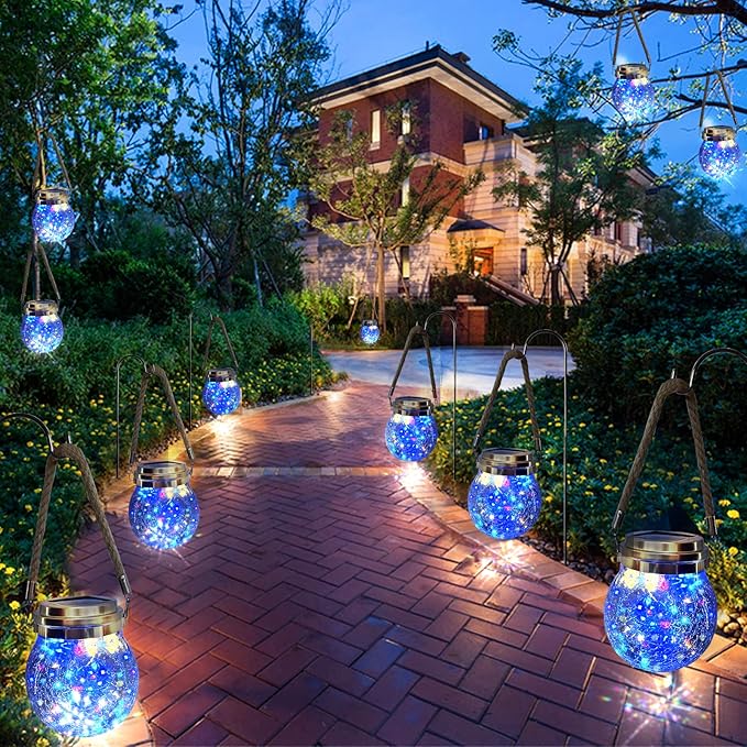 Outdoor Hanging Solar Lights,2 Pack 30 LED Solar Cracked Glass Ball Lanterns with Handle,Waterproof Solar Decorative Lights for Garden Patio Yard Christmas Wedding Party Decor(Colorful)