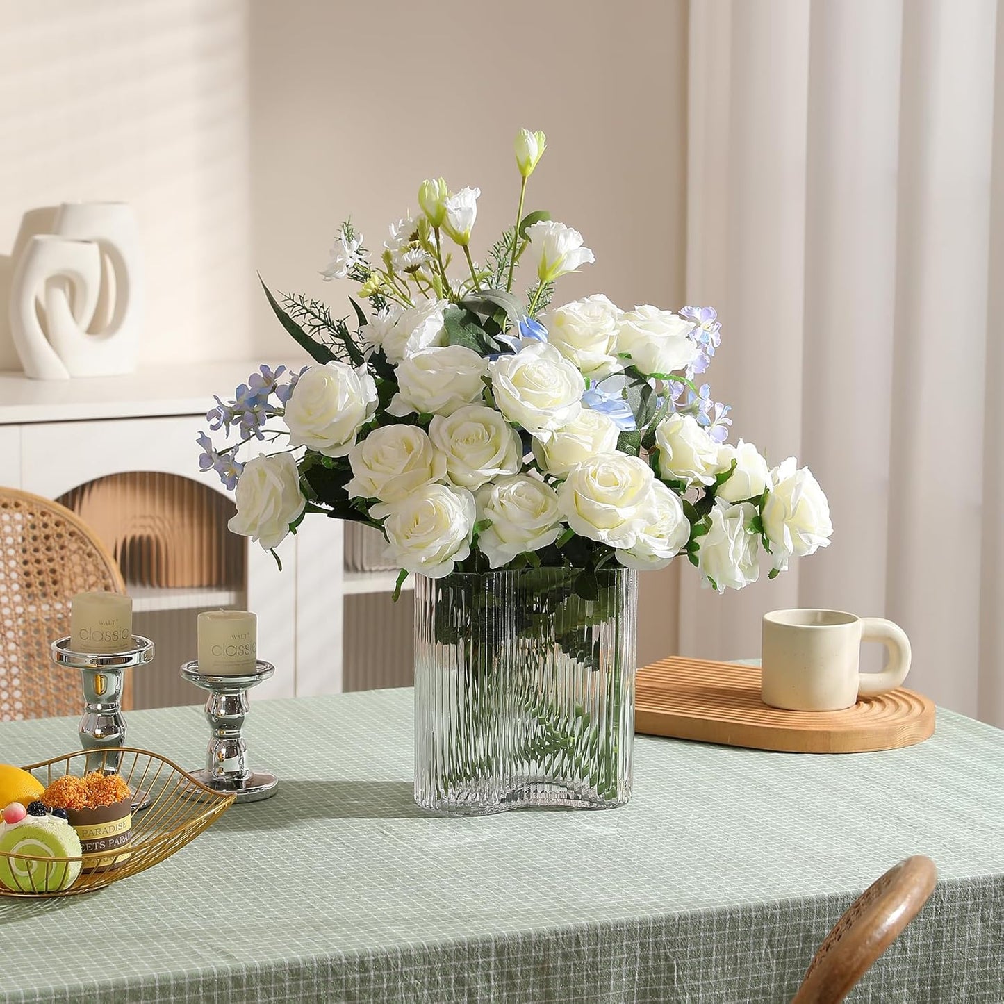 Hawesome 12PCS Artificial Silk Flowers Realistic Roses Bouquet Long Stem for Home Wedding Decoration Party (White -2)