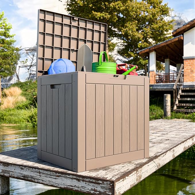 31 Gallon Waterproof Outdoor Storage Box,Resin Deck Box,Lockable Outside Storage Box Container for Patio Furniure,Garden Tools (31 Gallon,Grey)