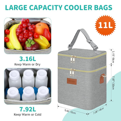PIIOSER Breastmilk Cooler Bag with Ice Pack Fits 6 Baby Bottles Up to 9 Ounce, Insulated Baby Bottle Tote Bags, Double Layer Waterproof Leak-Proof with Shoulder Strap for Nursing & Working Mom (Grey)