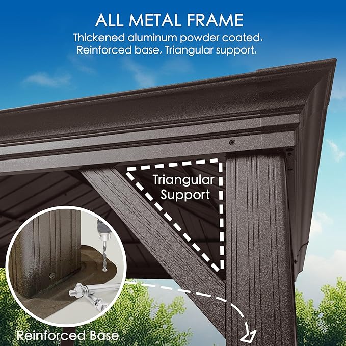 Kozyard Alexander 12' X 20' Permanent Aluminum Hardtop Gazebo with Galvanized Steel Double Roof Canopy, Curtain and Netting or Patio, Backyard, Deck, Lawn (Brown)