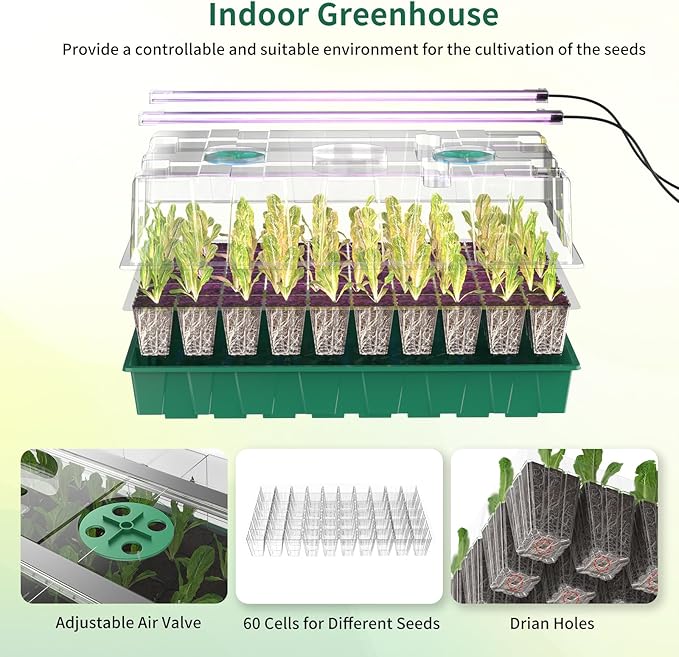 Seed Starter Tray, 120-Cell Seed Starter Kit with Grow Light, 2 Pack Reusable Seeding Starter Trays with Air Vent Humidity Domes for Greenhouse Gardening Indoor Planting Growing (Green Base)