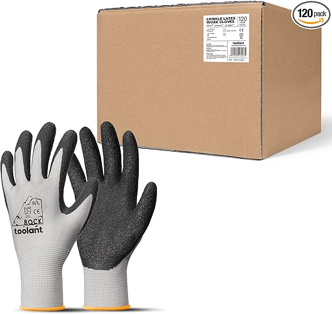 toolant Crinkle Latex Work Gloves Bulk, Rubber Coated Safety Work Gloves for Men and Women, 120 Pairs for Construction, Gardening, Warehouse (Gray, Large)
