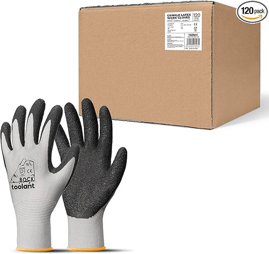 toolant Crinkle Latex Work Gloves Bulk, Rubber Coated Safety Work Gloves for Men and Women, 120 Pairs for Construction, Gardening, Warehouse (Gray, Large)