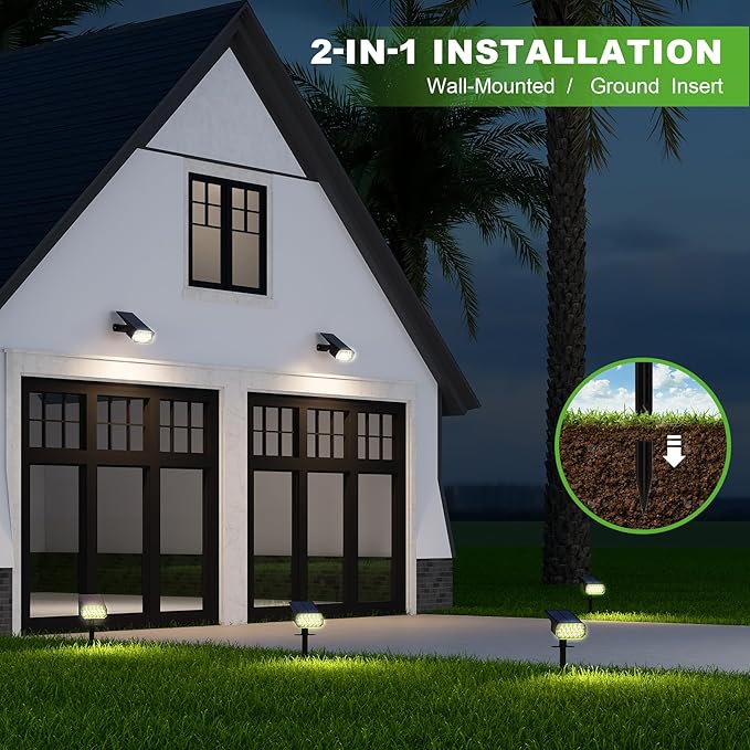 Solar Spot Lights Outdoor, 3 Lighting Modes Solar Outdoor Lights for Garden Yard Outside Landscape, 2 Pack Warm