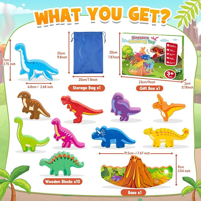 Dinosaur Toys for Kids 3-7 Kid Wooden Stacking Blocks Montessori Toy for 3 4 5 6 7 8 Year Old Boys Girls Christmas Birthday Gifts Toddler Balance Game Ages 3-5 Toys for Boy Girl Age 5-7