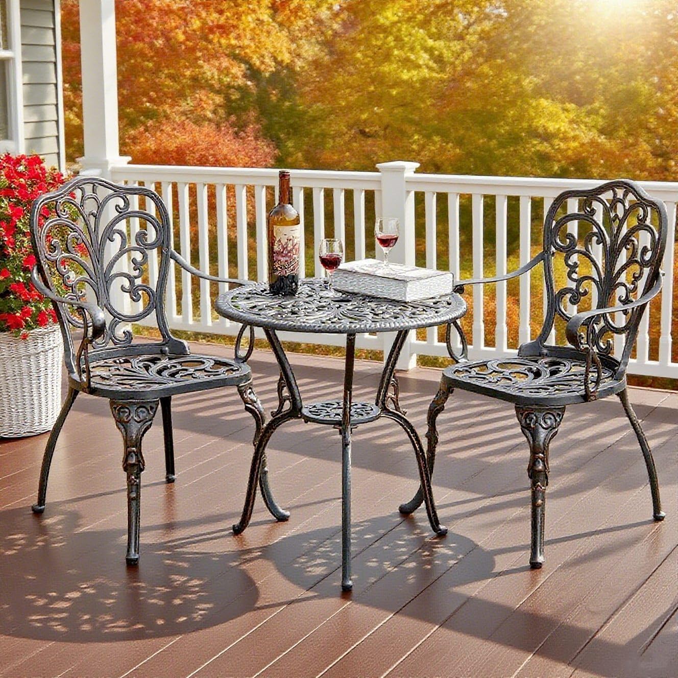 Patio Bistro Set 3 Piece Cast Aluminum Bistro Set, Outdoor Bistro Table and Chairs Set of 2 with Umbrella Hole for Porch, Lawn, Garden, Backyard, Pool (Brown)