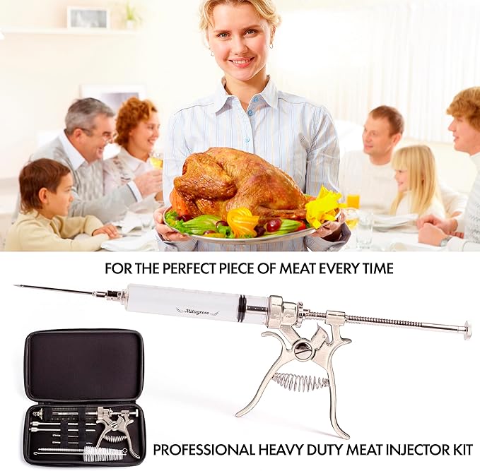 Meat Injector Syringe Stainless Steel Outdoor Meat Kit Marinade Flavor Food Injector Syringes with 4 Marinades Needles Grill Smoker Injectors Professional Syringe Held Culinary Barbecue Tool For BBG