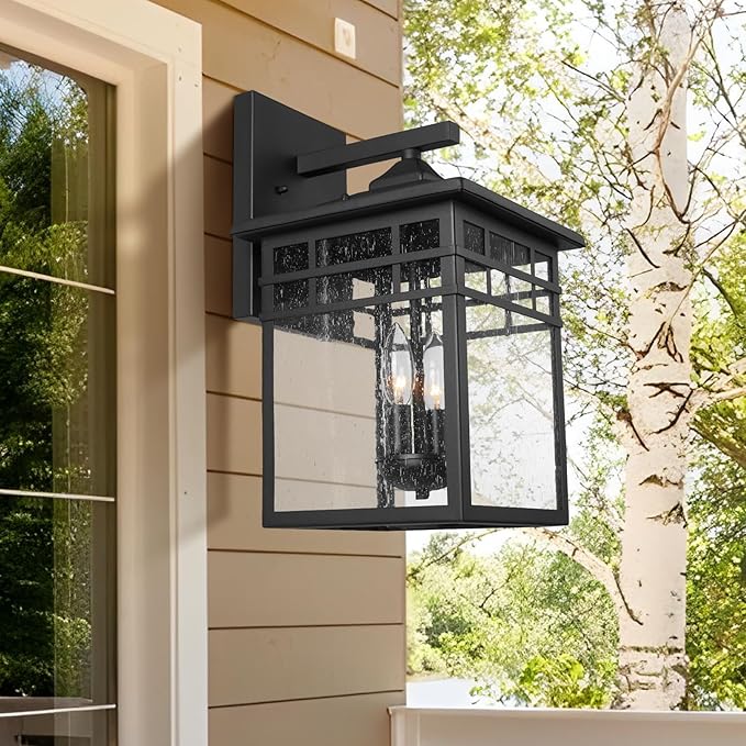 Outdoor Light Fixture Wall Mount, Black Exterior Light Fixture Wall Sconces with Seeded Glass for Front Porch, Large Waterproof Outdoor Square Wall Lantern Outside for House Doorway